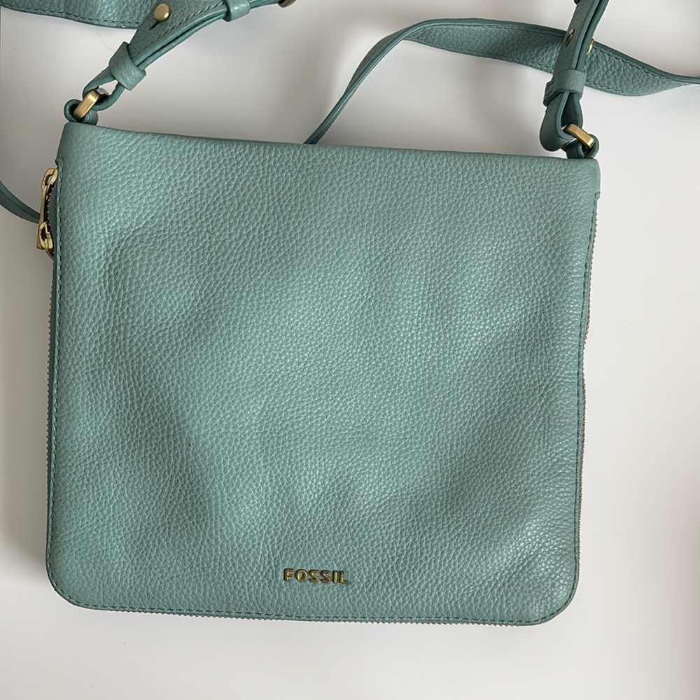 Fossil Crossbody Bag Mint Green Pebbled Leather Square Boho Festival